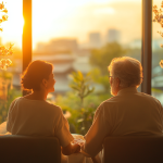 Un caregiver offre supporto a un paziente anziano in una luminosa stanza con vista sulla natura primaverile, simbolo delle cure palliative a domicilio in Svizzera.