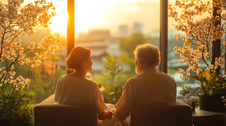 Un caregiver offre supporto a un paziente anziano in una luminosa stanza con vista sulla natura primaverile, simbolo delle cure palliative a domicilio in Svizzera.